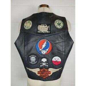 Vtg Route 66 Leather‎ Biker Motorcycle Vest Harley Hemp Grateful Dead Patches 50